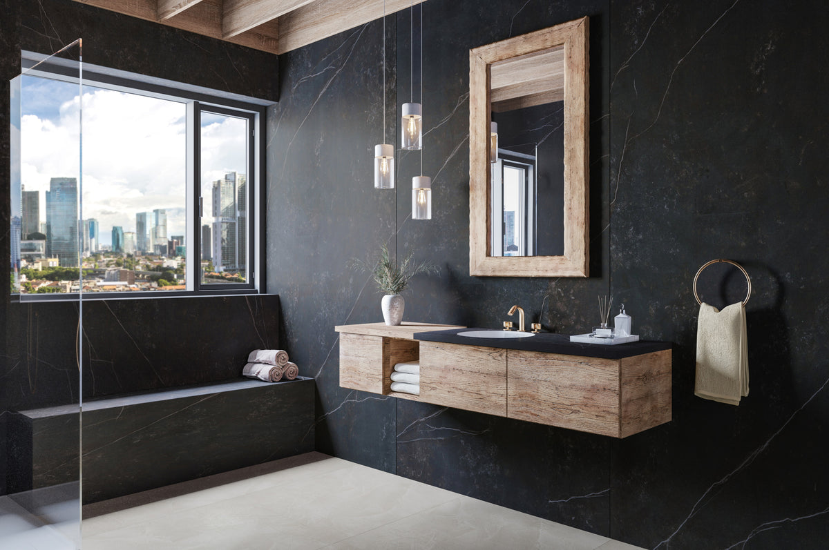 Dekton Optimma Kelya in a bathroom with a timber vanity