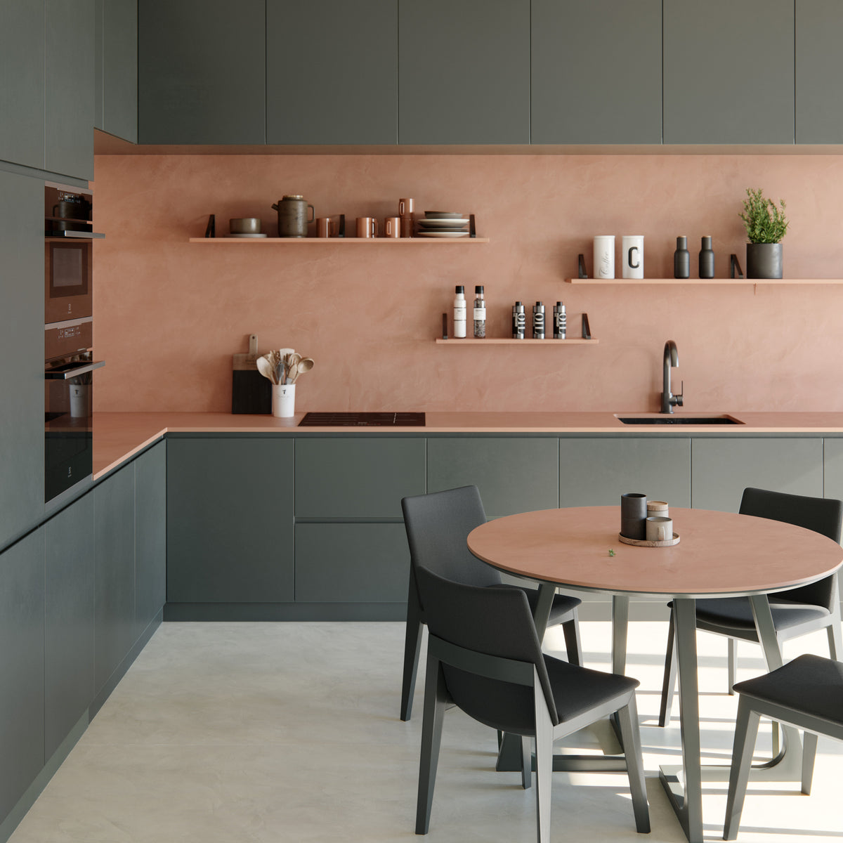 Dekton Umber in a kitchen and dining area