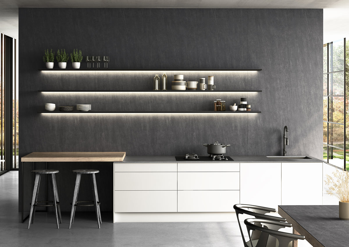 Dekton Bromo on a kitchen splashback and shelving wall