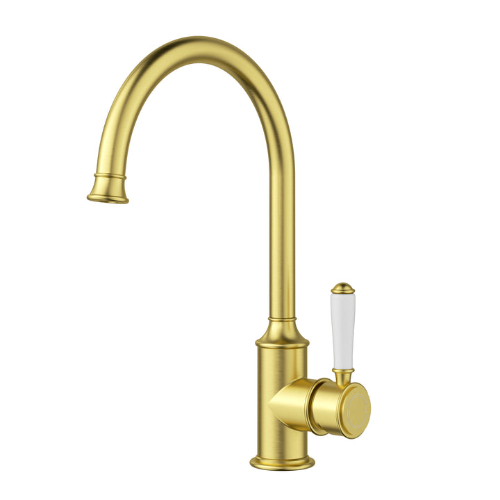 Clasico Sink Mixer Gooseneck / Ceramic Handle - Brushed Gold