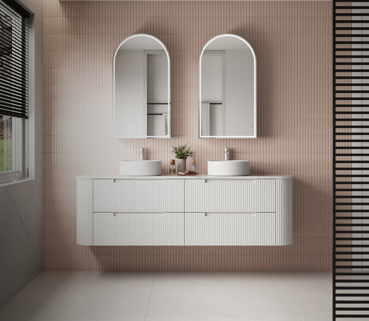 Aulic Curva 1800 white fluted curved wall-hung vanity with twin basins, arched mirrors and pink tiled wall