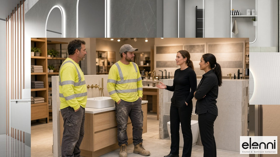 Hi-vis trades with Elenni team — real gallery lifestyle backdrop, Elenni PNG logo