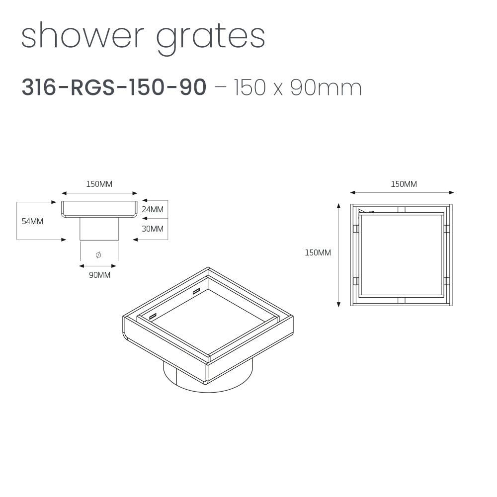 Square Tile Insert Floor Grate - Radiant line drawing RGS-150-90