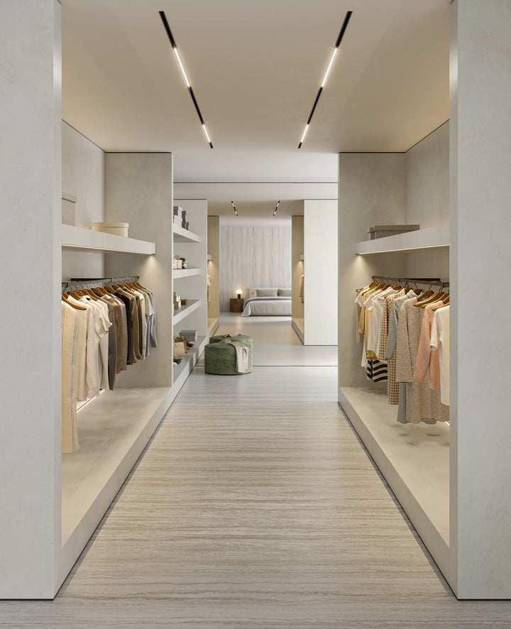 Dekton Trevi in a dressing room with Dekton Sandik (first photo)