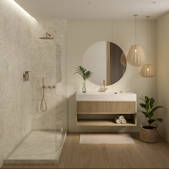 Dekton Kedar in a bathroom floor, wide view