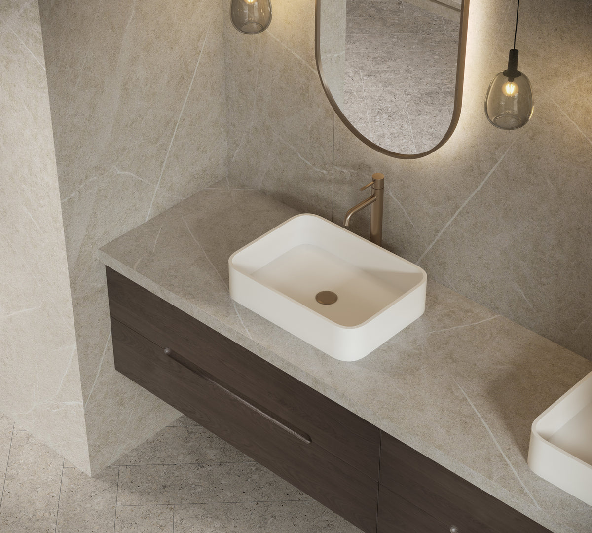 Dekton Adia in a bathroom with Dekton Grigio, close-up