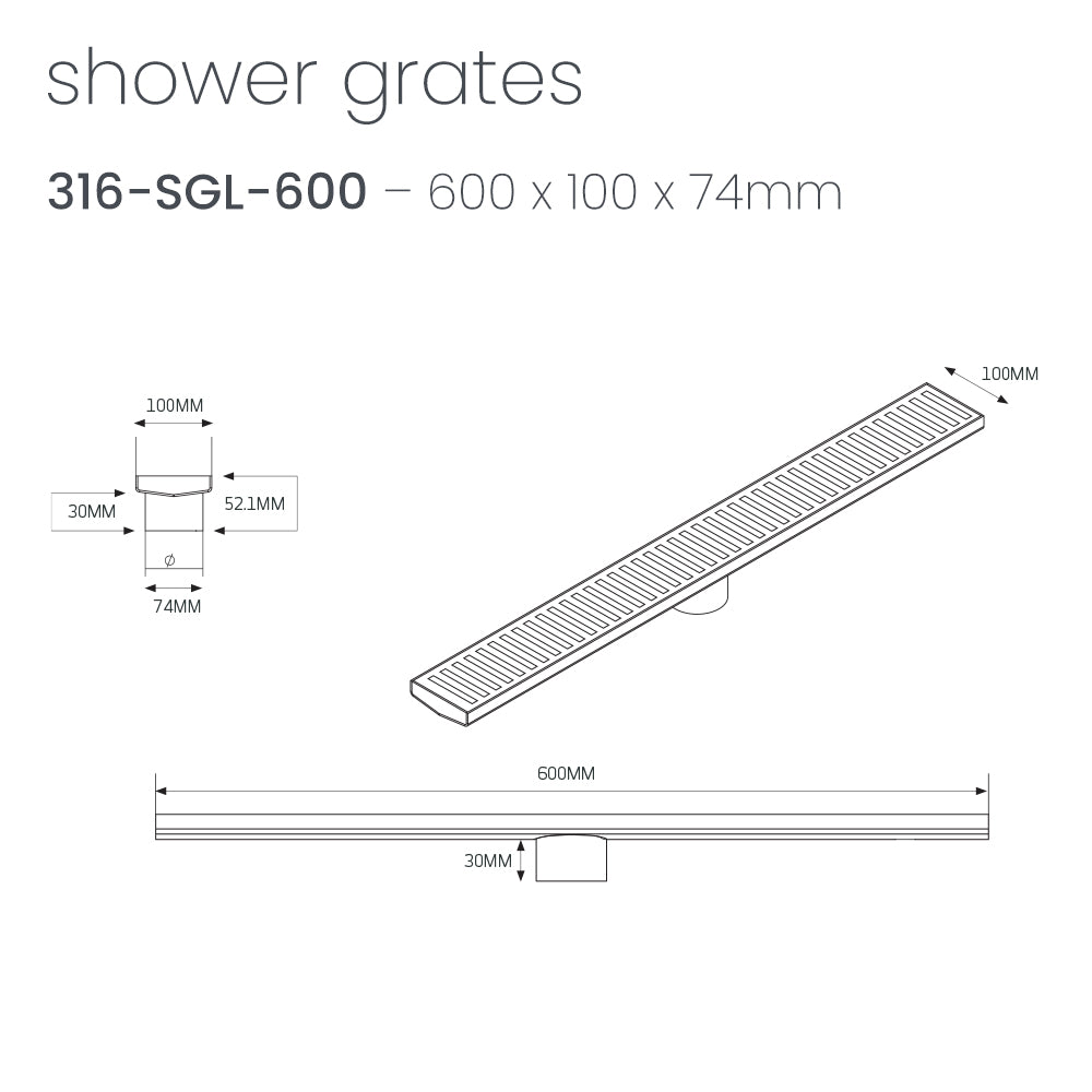 Linear Slotted Floor Grate - Radiant line drawing 316-SGL-600