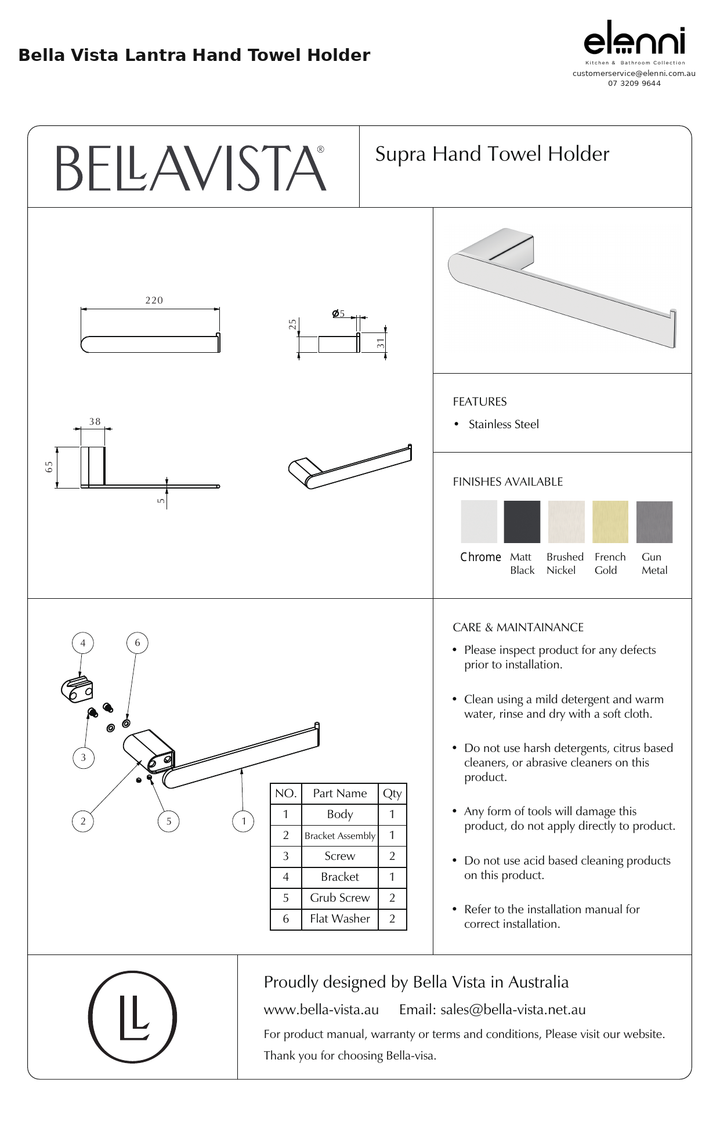 Elenni specification sheet - Lantra Hand Towel Holder