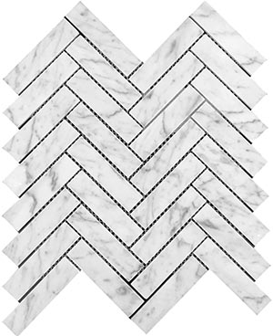 Herringbone 25x98 Carrara Marble Mosaic tile face, 305 x 281 mm
