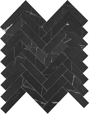 Herringbone 25x98 Pietra Grey Marble Mosaic tile face, 305 x 281 mm