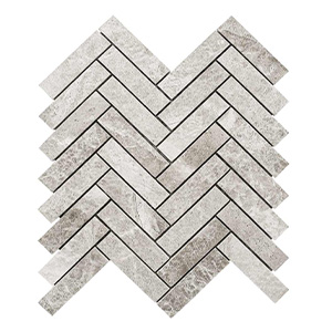 Herringbone 25x98 Silver Grey Marble Mosaic tile face, 305 x 281 mm
