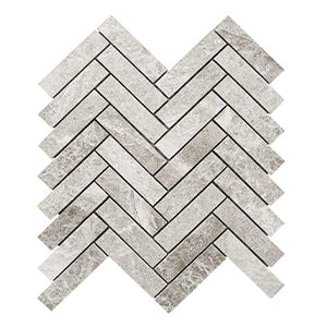 Herringbone 25x98 Silver Grey Marble Mosaic tile face, 305 x 281 mm