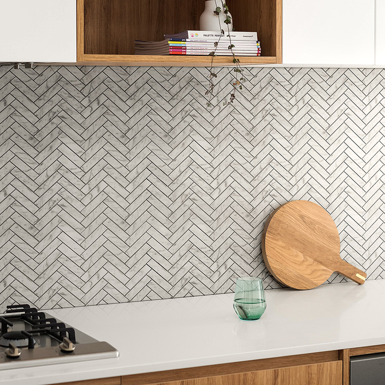 Herringbone Mosaics 25x98 marble installed