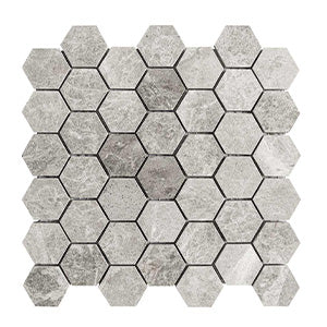 Hexagon 48x55 Silver Grey Marble Mosaic tile face, 305 x 298 mm