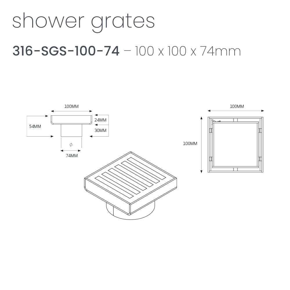 Square Slotted Floor Grate 100 x 100mm - Radiant line drawing 316-SGS-100-74