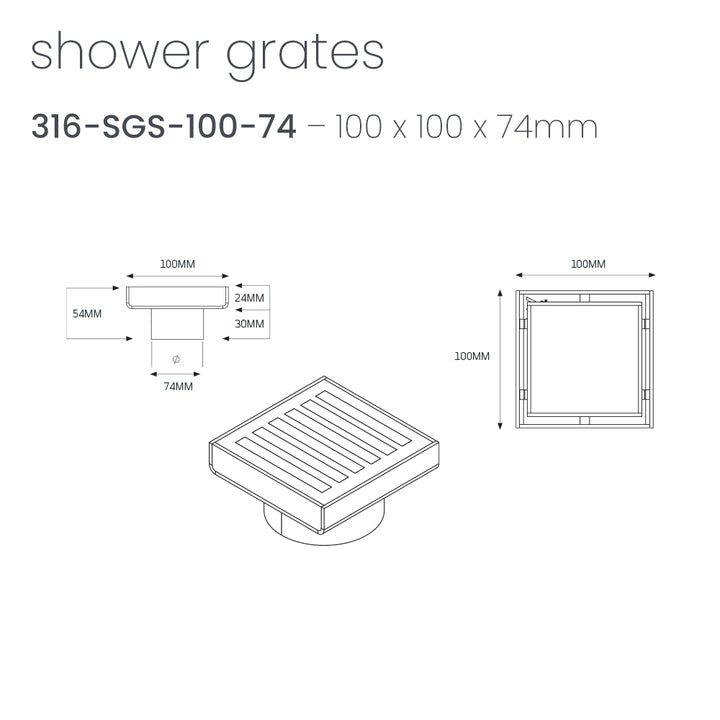 Square Slotted Floor Grate 100 x 100mm - Radiant line drawing 316-SGS-100-74