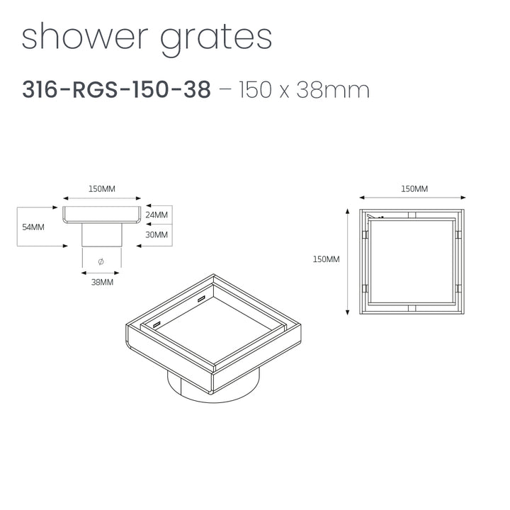Square Tile Insert Floor Grate - Radiant line drawing RGS-150-38