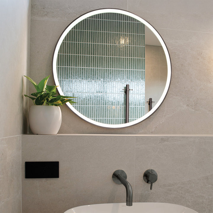 AURA Olek Round LED Mirror - Gun Metal Grey - lit