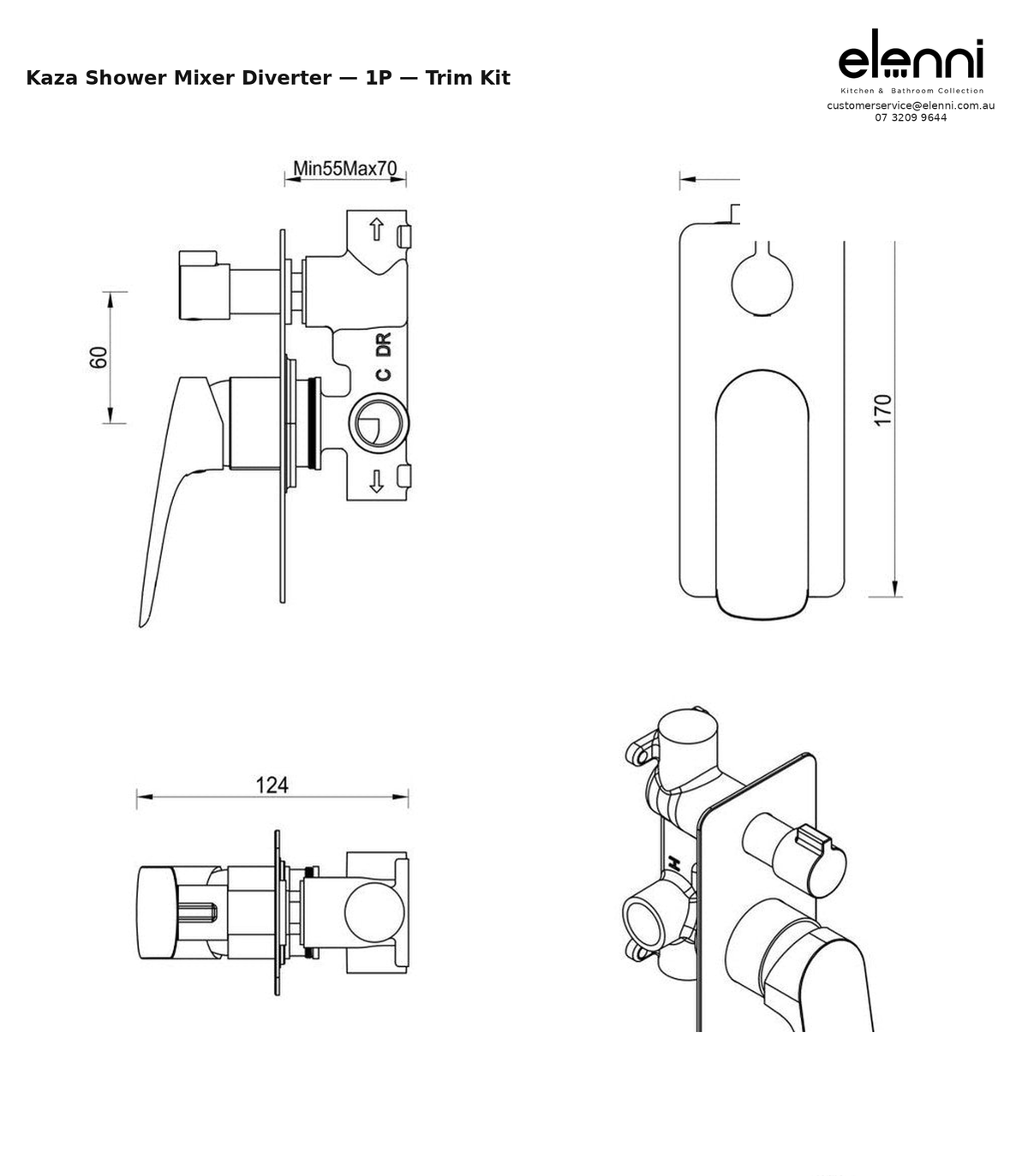 Elenni specification sheet - Kaza Shower Mixer Diverter - 1P - Trim Kit