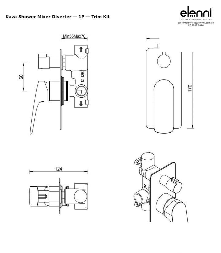 Elenni specification sheet - Kaza Shower Mixer Diverter - 1P - Trim Kit