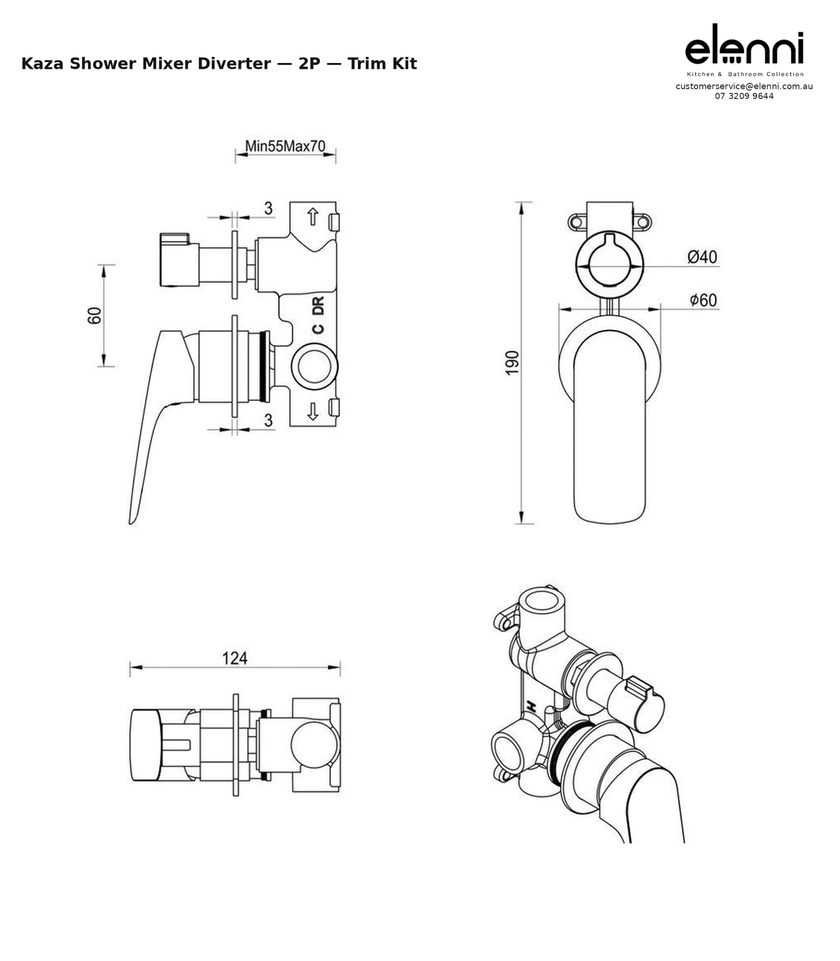 Elenni specification sheet - Kaza Shower Mixer Diverter - 2P - Trim Kit