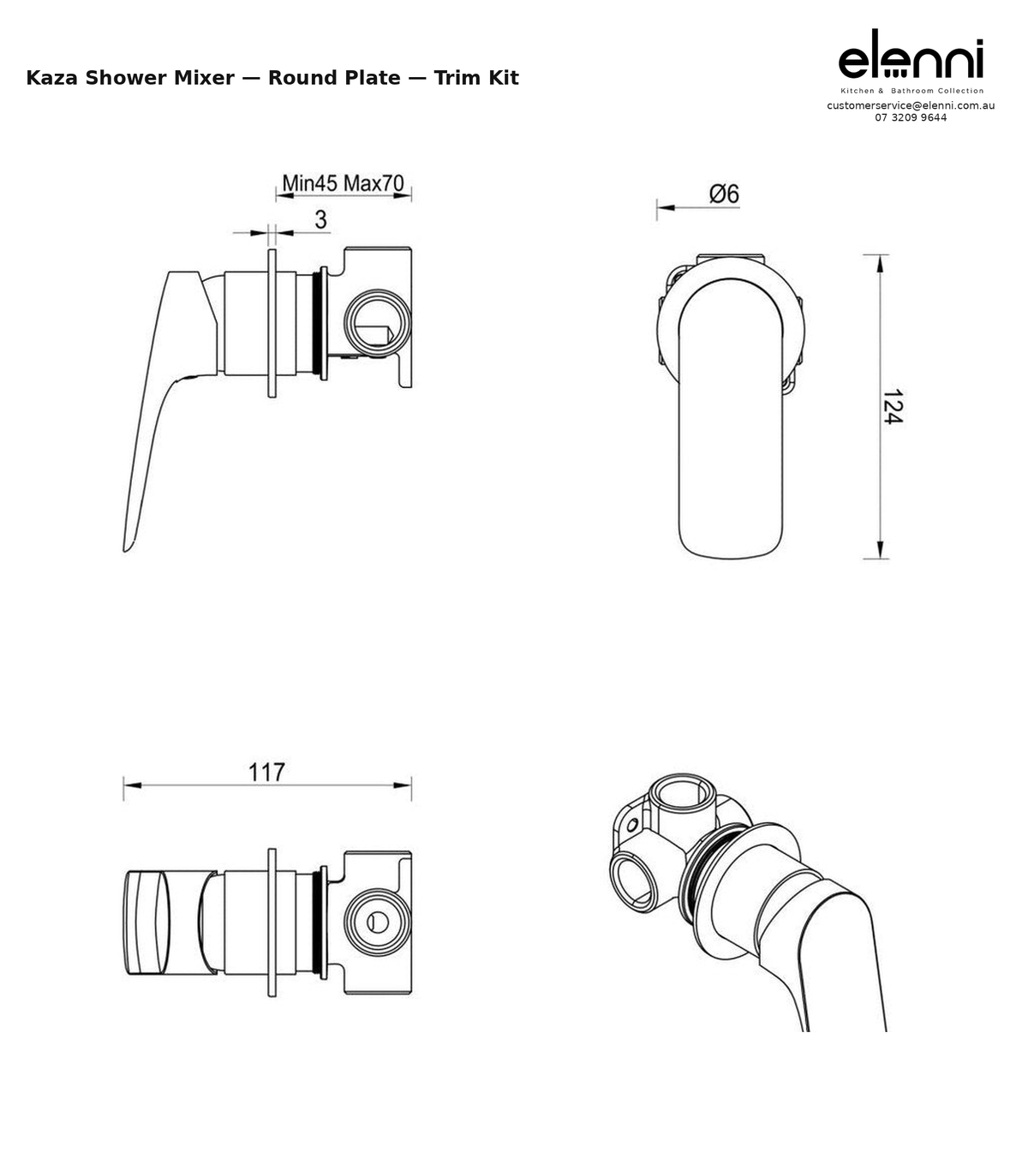 Elenni specification sheet - Kaza Shower Mixer - Round Plate - Trim Kit