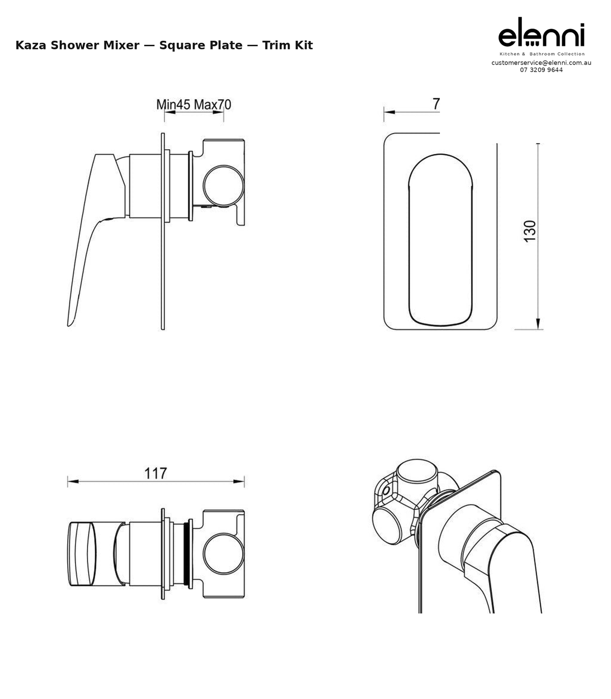 Elenni specification sheet - Kaza Shower Mixer - Square Plate - Trim Kit