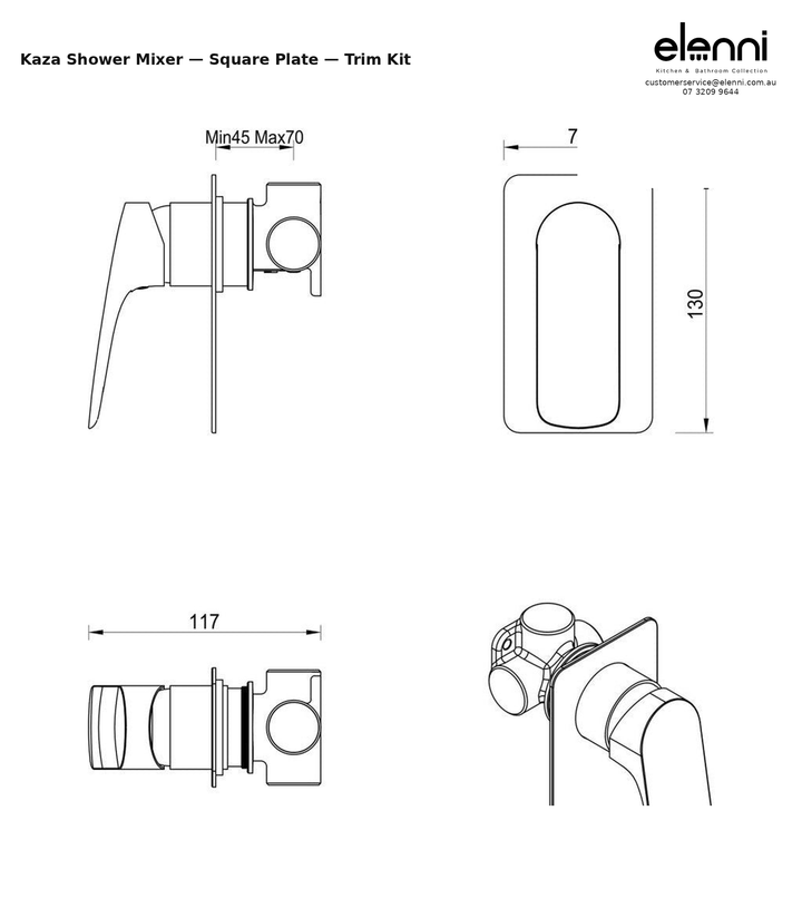 Elenni specification sheet - Kaza Shower Mixer - Square Plate - Trim Kit