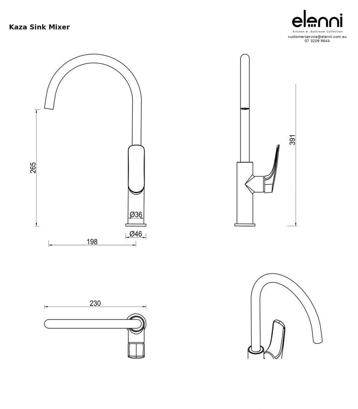 Elenni specification sheet - Kaza Sink Mixer