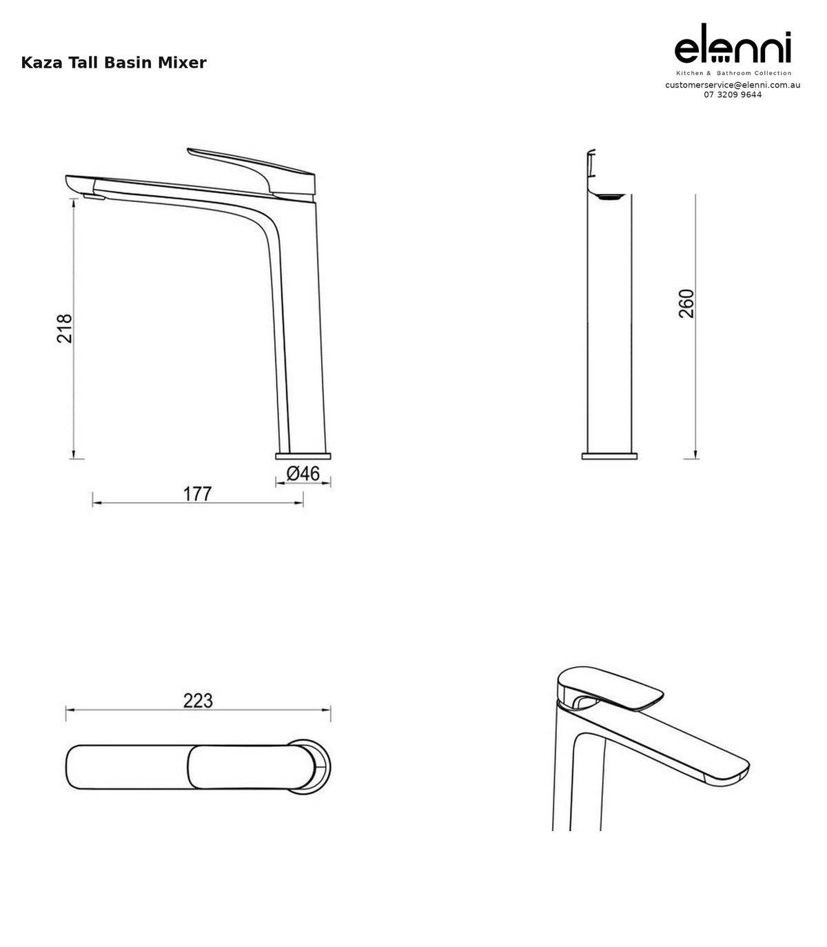 Elenni specification sheet - Kaza Tall Basin Mixer