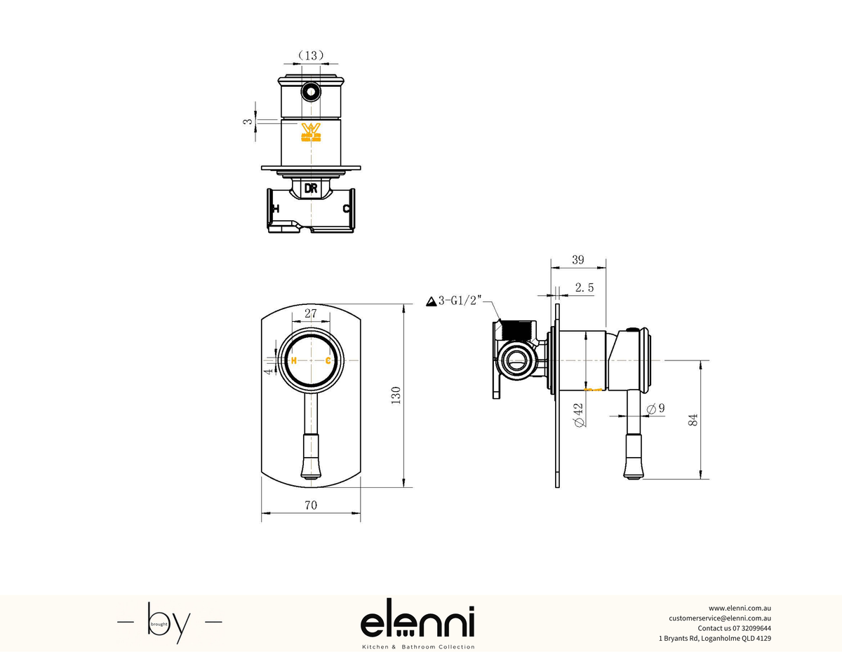 Montpellier Shower Mixer TRIM KIT - Elenni specification drawing