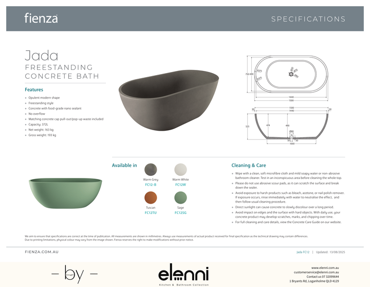 Jada Concrete Bath, 1500mm - Elenni specification drawing