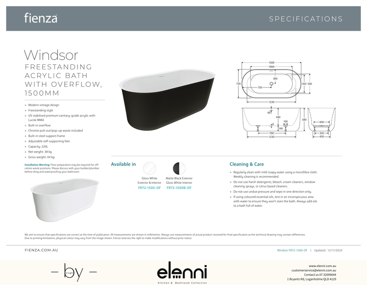 Windsor Freestanding Acrylic Bath with Overflow, 1500mm, Gloss White - Elenni specification drawing