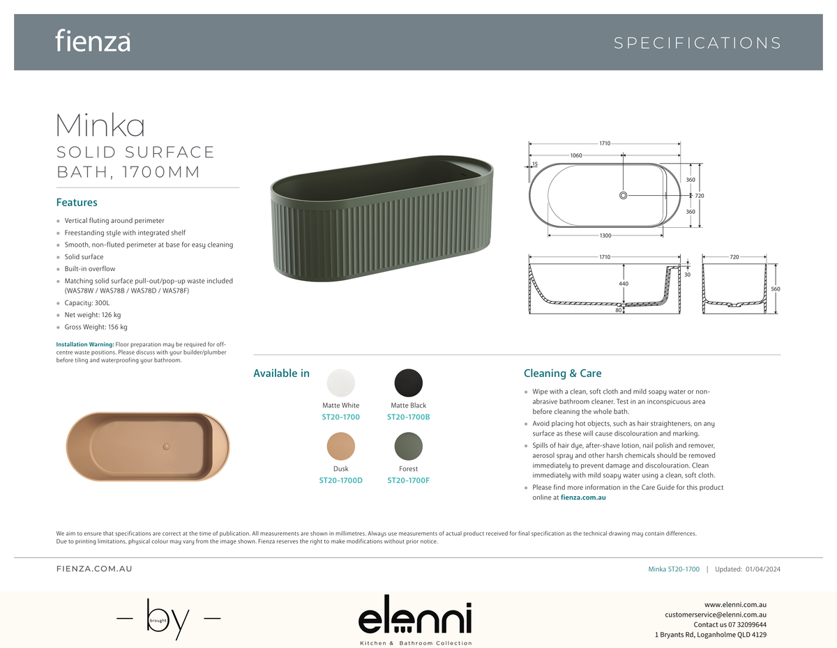 Minka Solid Surface Bath, 1700mm, Forest - Elenni specification drawing