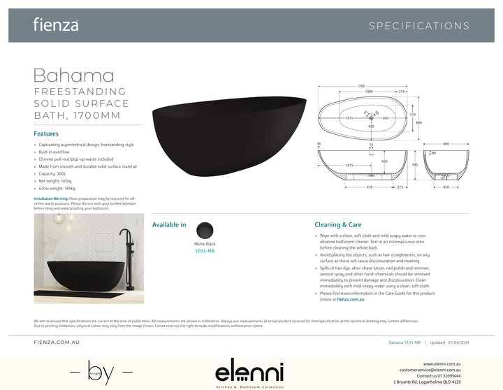 Bahama Solid Surface Bath, Matte Black, 1700mm - Elenni specification drawing