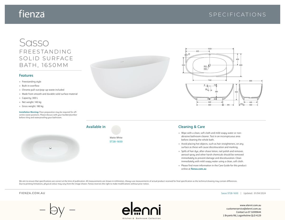 Sasso Solid Surface Bath, 1650mm - Elenni specification drawing