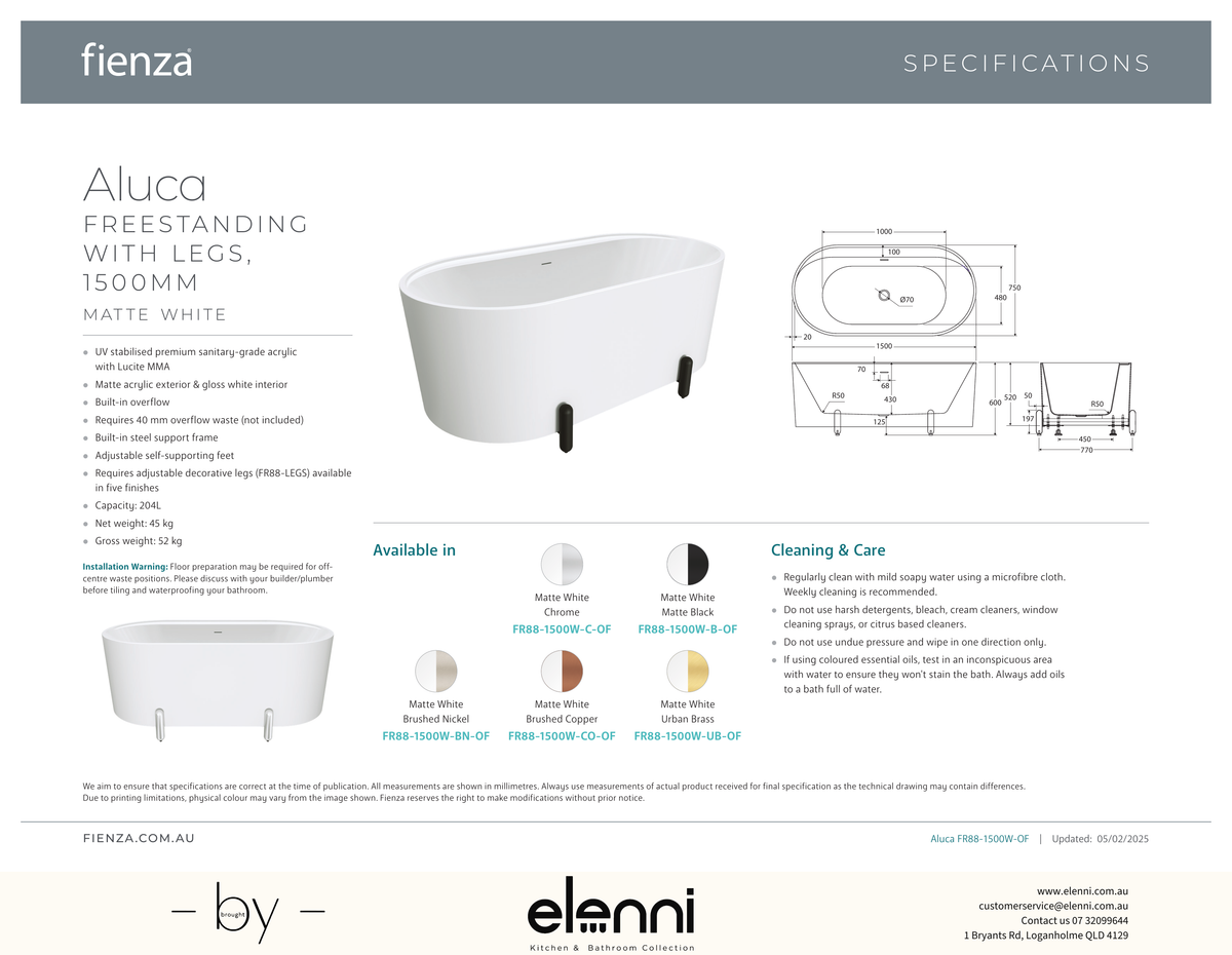 Aluca Freestanding Bath, 1500mm Matte White with Chrome Legs with overflow - Elenni specification drawing