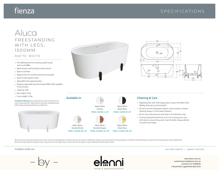 Aluca Freestanding Bath, 1500mm Matte White with Chrome Legs with overflow - Elenni specification drawing