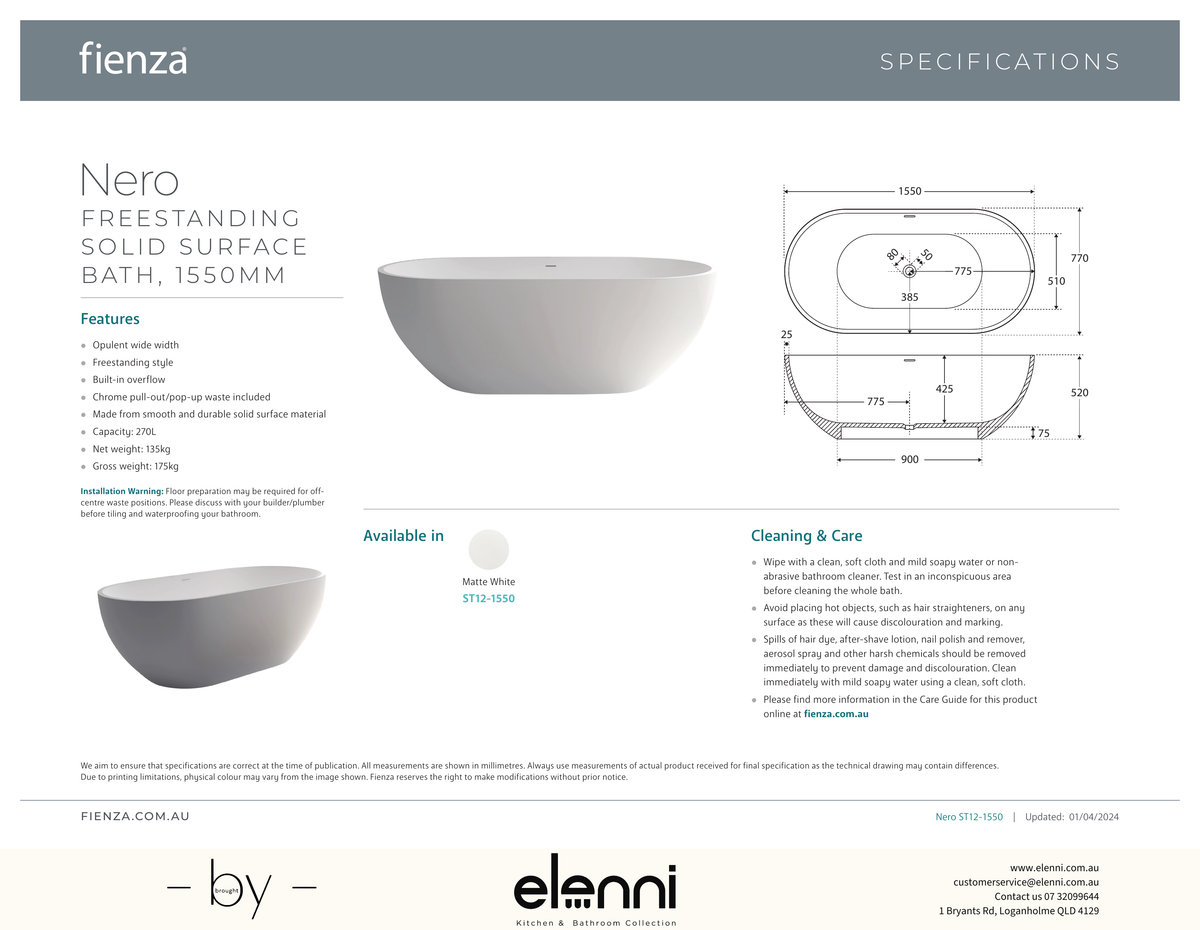 Nero Solid Surface Bath, 1550mm - Elenni specification drawing