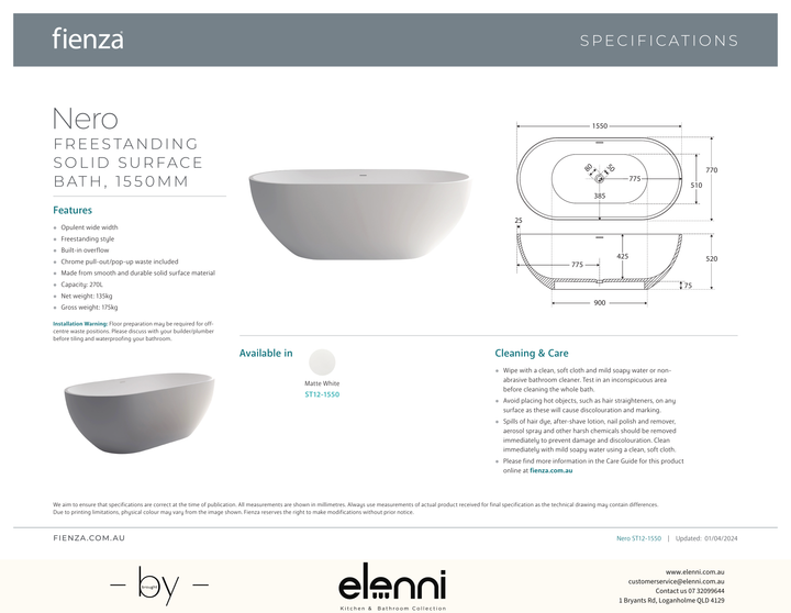 Nero Solid Surface Bath, 1550mm - Elenni specification drawing