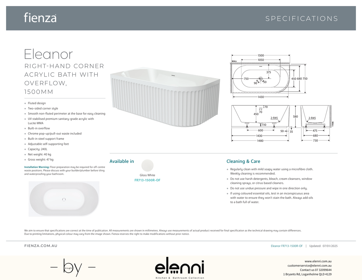 Eleanor Right-Hand Corner Acrylic Bath with Overflow, 1500mm - Elenni specification drawing