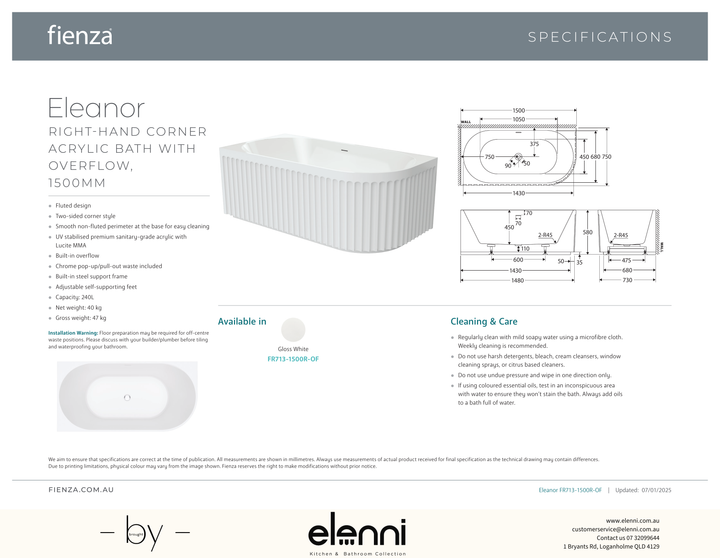 Eleanor Right-Hand Corner Acrylic Bath with Overflow, 1500mm - Elenni specification drawing