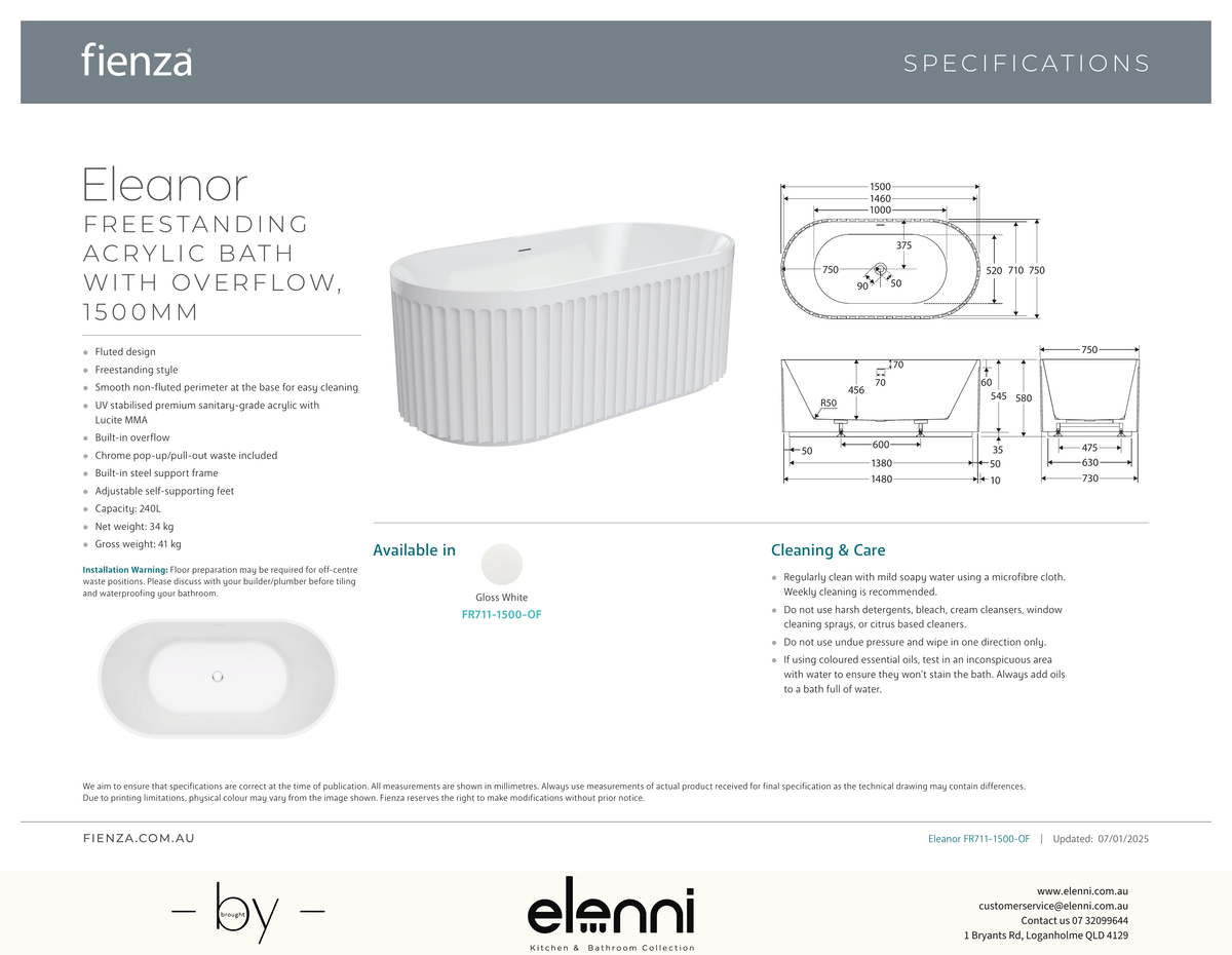 Eleanor Freestanding Acrylic Bath with Overflow, 1500mm - Elenni specification drawing