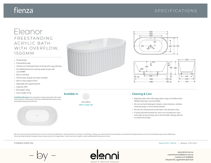 Eleanor Freestanding Acrylic Bath with Overflow, 1500mm - Elenni specification drawing
