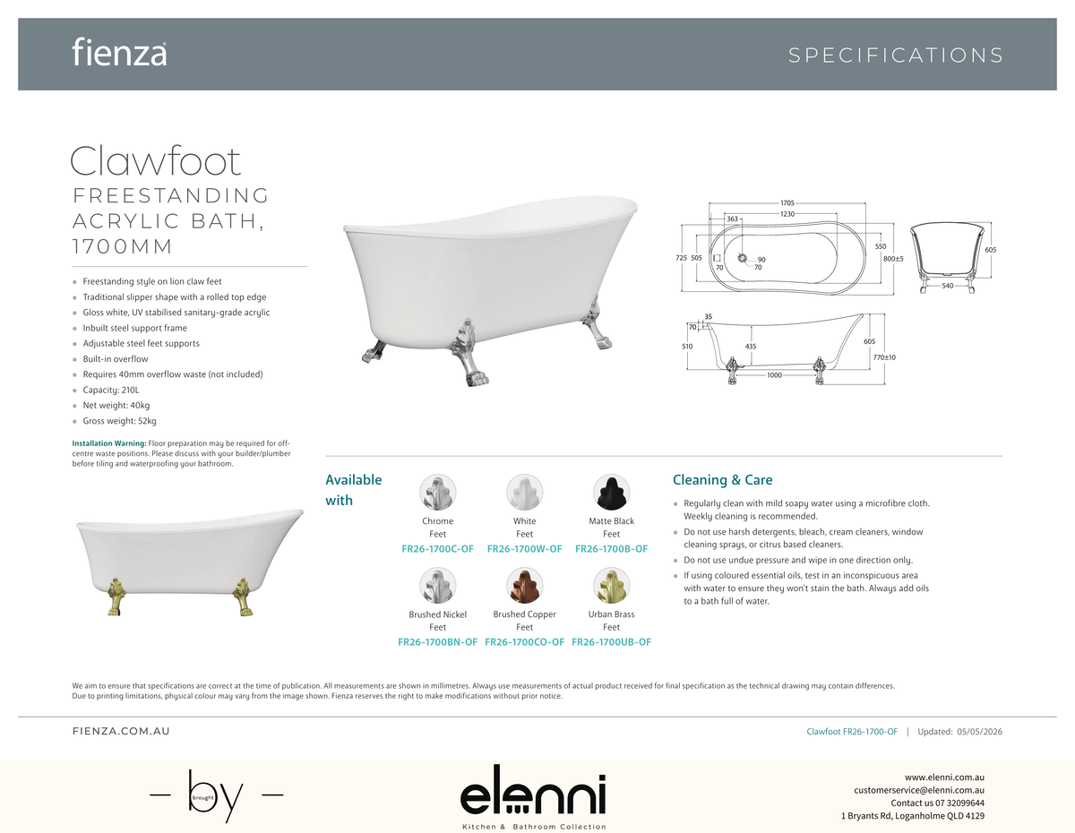 Clawfoot Freestanding Acrylic Bath, 1700mm, Urban Brass Feet - Elenni specification drawing
