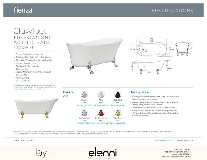 Clawfoot Freestanding Acrylic Bath, 1700mm, Urban Brass Feet - Elenni specification drawing