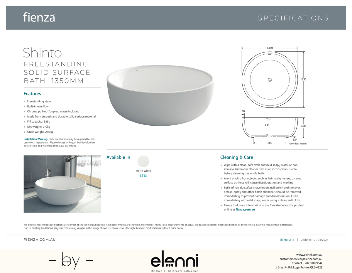 Shinto Solid Surface Bath - Elenni specification drawing