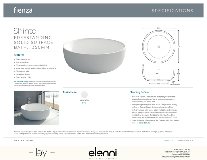 Shinto Solid Surface Bath - Elenni specification drawing