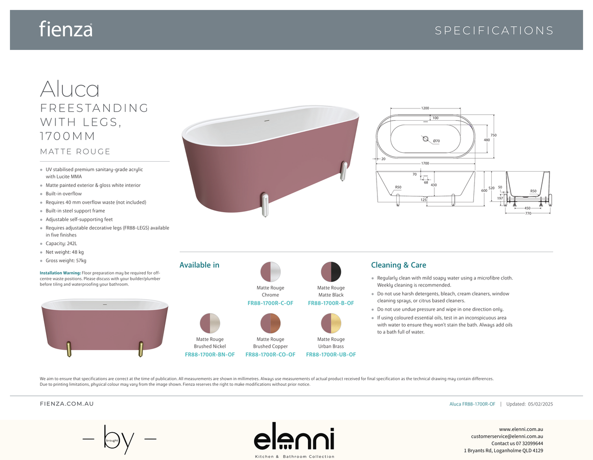 Aluca Freestanding Bath, 1700mm Matte Rouge with Brushed Nickel Legs with overflow - Elenni specification drawing
