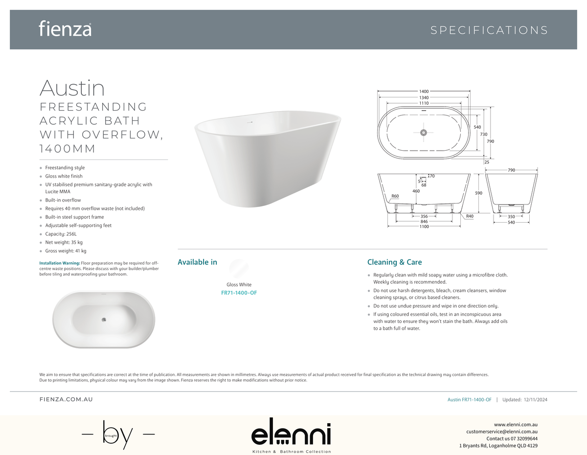 Austin Freestanding Acrylic Bath with Overflow, 1400mm - Elenni specification drawing